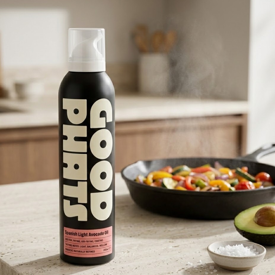 Good Drops avocado oil spray bottle on a kitchen counter next to a skillet of vegetables.